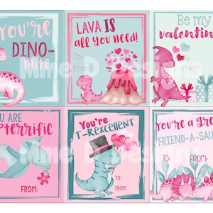 Cartes mignonnes de Valentine de dinosaure, ensemble de 8 PRINTABLE, téléchargement, Pdf, jour de valentine, avec des cartes de professeur, Dino