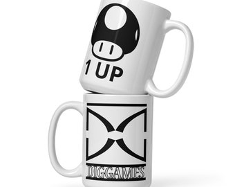 1-Up Mario White Glossy Mug - Super Mario Bros Gaming Coffee Cup - Retro Video Game Collectible - Nostalgic Gamer Themed - Gaming Decor