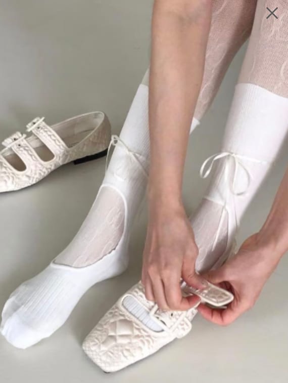 Simone Rocha White Ribbon Calf Socks Women Socks Runway Socks Sneaker Socks  Ballet Socks 