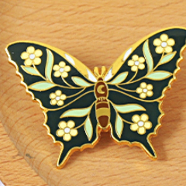 Celestial Floral Moth Broach Moon Flowers Green Gold Colorful Pins Gifts Broaches Festive Seasonal Gifts Events Holidays Parties