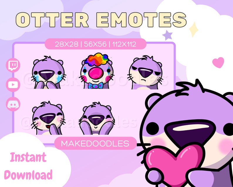 Cute Pastel Purple Otter Emotes Twitch Discord Youtube Streamer Emotes