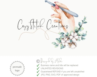 Crochet Shop Logo Design, Premade Non Exclusive Watercolour Hook Yarn Floral Logo SVG, Customized Business Branding, Buy with Confidence