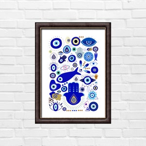 Printable Blue Evil Eye Wall Art for Protection, Boho Wall Decor, Ancient Mexican Eye Art Print, Entryway Decor, DIGITAL DOWNLOAD