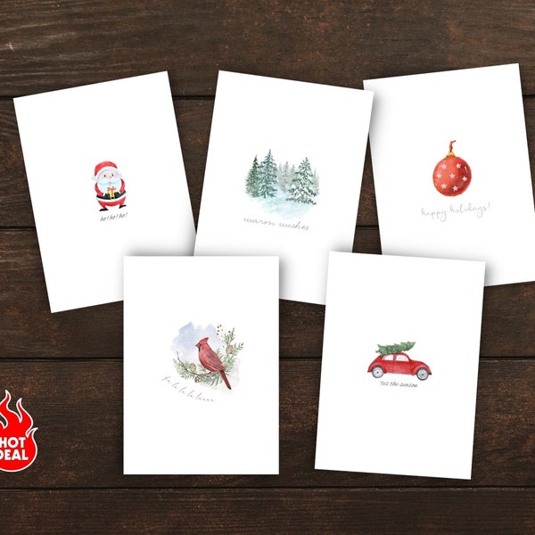 Bundle mit 5 Weihnachtskarten, DIY Print at Home Weihnachtskarten, druckbares festliches Kartendesign, sofortiger digitaler Download