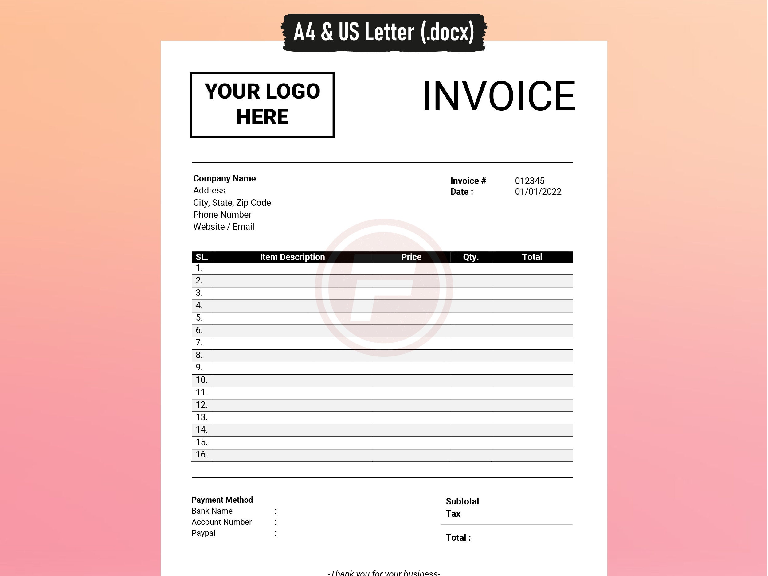 invoice template word editable printable receipt digital etsy