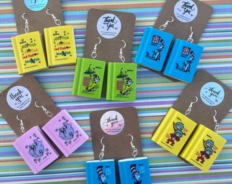 Dr. Seuss earrings, storybook, eraser, novelty dangle earrings