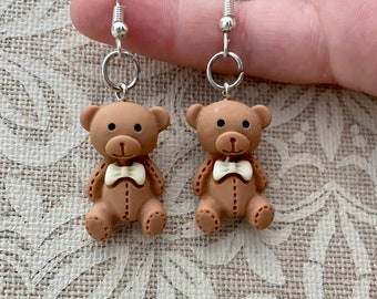 Teddy Bear earrings, brown bear, cute earrings, kawaii dangle bear