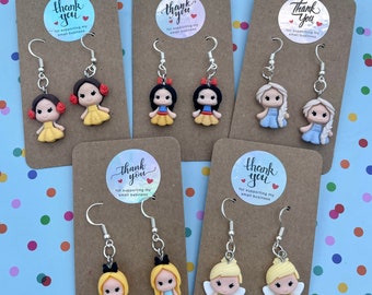 Disney princess dangle earrings, Snow White princess, Queen Elsa, TinkerBell, and Alice in Wonderland