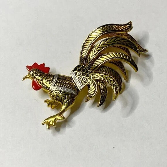 Vintage Signed Spain Damascene Rooster Brooch Pin… - image 1