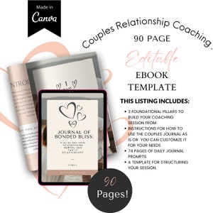 Puede incluir: Una maqueta de producto digital en la pantalla de un portátil que muestra una portada de diario rosa y blanca con el título "Journal of Bonded Bliss: A 30-Day Path to Deepening Marital and Family Relationships". El texto "90 Page Editable Ebook Template" se muestra en un esquema de color rosa y blanco. El texto "This Listing Includes:" va seguido de una lista de viñetas que describen el contenido del libro electrónico.