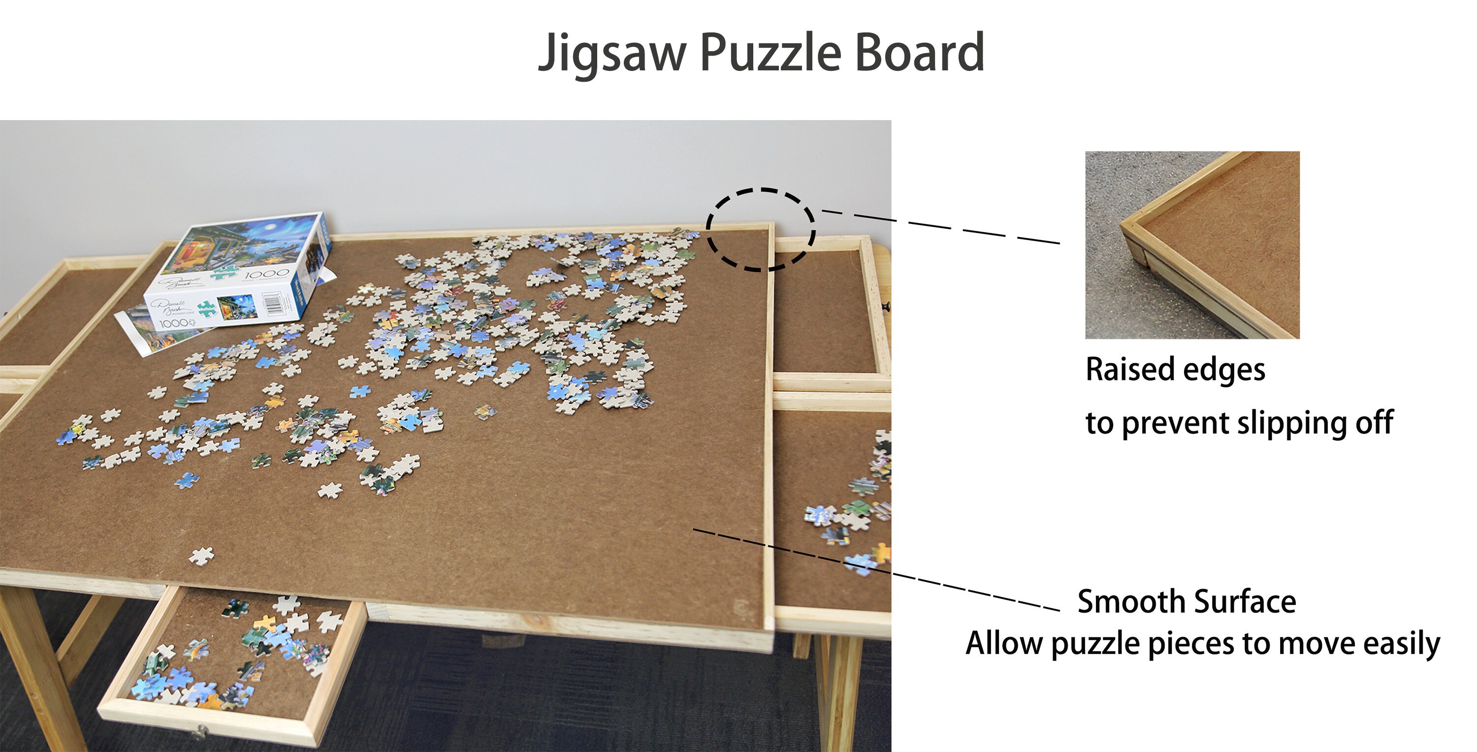 Puzzle Board, 1500-2000 Pieces Jigsaw Puzzle Table With Drawers Storage  35'' X 27'' Handmade in USA without Legs , Christmas Gifts 