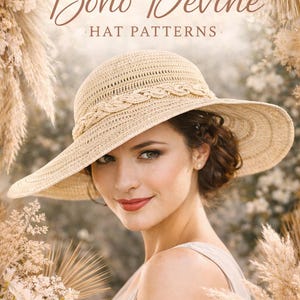 May include: A woman wearing a wide-brimmed, woven straw hat with a decorative band. The hat is labeled "Boho Devine HAT PATTERNS." The image has a soft, warm color palette with floral accents. The text "Devine Inspiration" is at the bottom.