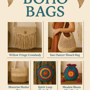 May include: An advertisement for Boho bags. The image features six different bags, including a fringe crossbody, a slouch bag, a tote, a circle bag, and a mini pouch. The bags are made of natural materials and have a bohemian style. The text "Divine Inspiration" and "BOHO BAGS" are displayed.