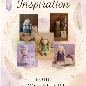 Könnte beinhalten: Werbebild für eine Boho-Häkelpuppen-Kollektion. Das Bild zeigt mehrere Häkelpuppen in verschiedenen Farben und Stilen, mit dem Text "Divine Inspiration" und "Boho Crochet Doll Collection."