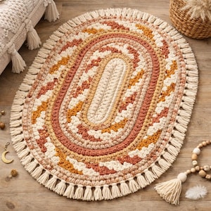 Può includere: Tappeto ovale fatto a mano, all'uncinetto, nei toni caldi del crema, pesca e giallo senape. Il tappeto presenta un bordo con frange e un motivo geometrico. Questo tappeto decorativo è adatto per una camera da letto o un soggiorno. Circa 120 cm x 80 cm.