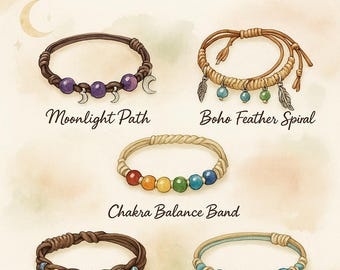 May include: An image showcases six crochet leather bracelets with various designs. The bracelets are labeled "Moonlight Path," "Boho Feather Spiral," "Chakra Balance Band," "Earth & Sky Braided," and "Ocean Spirit Wrap." The text "Divine Inspiration" and "CROCHET LEATHER BRACELETS" are also visible.
