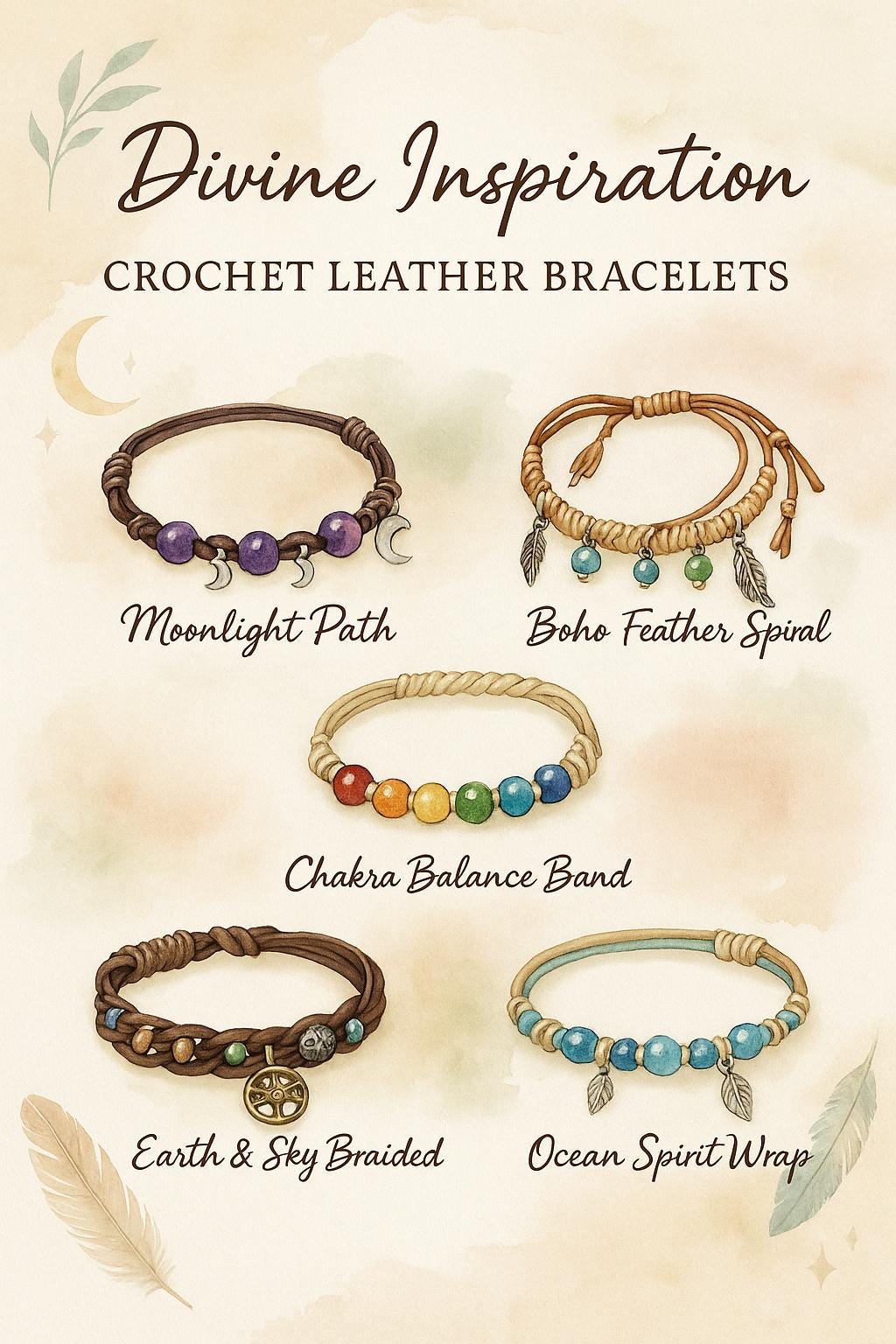 38 Crochet Jewellery Patterns with Brooches, Earrings, Bracelets 31 Crochet Pattern for Leather Bracelets. Unique Bo Ho