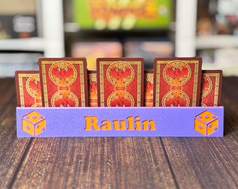 Medium Personalized Playing Card Holder: 3D Printed Tabletop Game Organizer | 2 Tiers 11 inch, Six-Sided (D6) Die