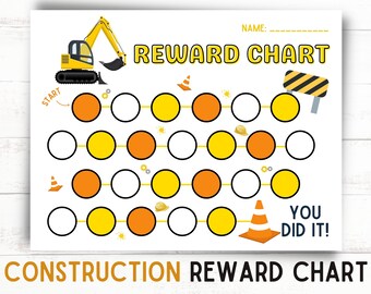 May include: A printable construction-themed reward chart with a yellow excavator at the top. The chart has a path of 20 circles to color in as a child completes tasks. The text "REWARD CHART" is in large yellow letters at the top of the chart. The text "YOU DID IT!" is at the bottom of the chart.