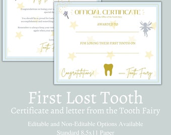 Tooth Fairy Certificate | Editable First Lost Tooth Letter | Printable Note from the Tooth Fairy | Tooth Fairy Memory