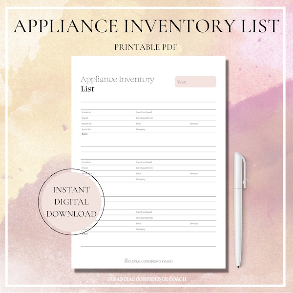 Appliance Inventory List, Appliance Warranty Tracker, Home Organization, Organizing Checklist, Inventory Log, Sheet, Template, Printable PDF