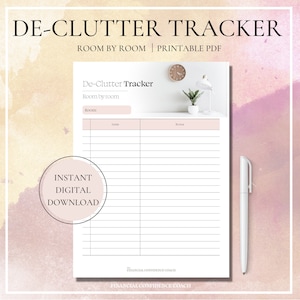 Puede incluir: Hoja de trabajo imprimible De-Clutter Tracker con fondo rosa. La hoja de trabajo tiene una sección para el nombre de la habitación, el artículo y las notas. El texto "Descarga digital instantánea" está en un círculo en la parte inferior izquierda de la página.