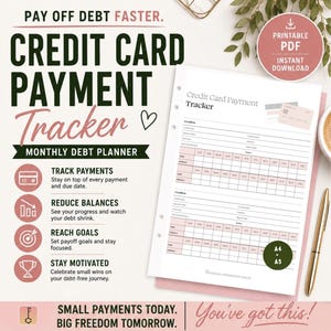 Pode incluir: Uma p&aacute;gina de planeador para rastreamento de pagamentos com cart&atilde;o de cr&eacute;dito com fundo branco, texto em verde escuro e rosa, e &iacute;cones. O documento apresenta tabelas para registar d&iacute;vidas, datas de pagamento e saldos, com indicadores A4 e A5.