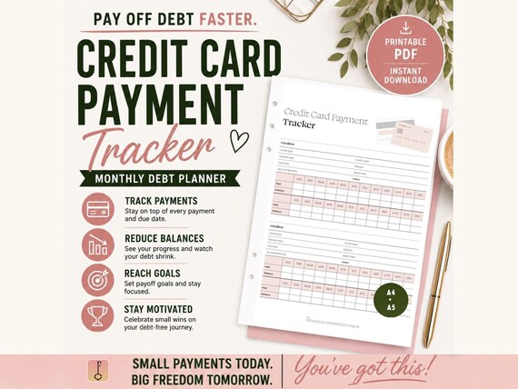 Credit Card Payment Tracker | Monthly Debt Planner (Printable PDF)