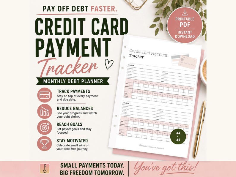 Pode incluir: Uma p&aacute;gina de planeador para rastreamento de pagamentos com cart&atilde;o de cr&eacute;dito com fundo branco, texto em verde escuro e rosa, e &iacute;cones. O documento apresenta tabelas para registar d&iacute;vidas, datas de pagamento e saldos, com indicadores A4 e A5.