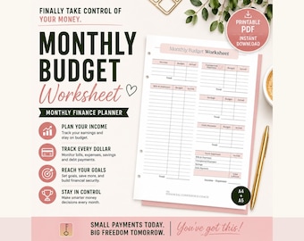 Monthly Budget Planner | Personal Finance Worksheet, Savings Tracker (PDF Download)
