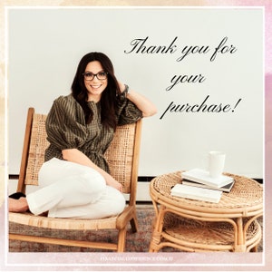 May include: A person with dark hair and glasses wearing a green gingham puff-sleeve top and white trousers, sitting in a light wood cane chair. Next to them is a round wicker table with books and a white mug. Text reads: Thank you for your purchase!