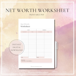Net Worth Worksheet, Tracker, Net Worth Calculator, Financial Dashboard, Budget Planner, Savings Tracker, Personal Finance, Printable PDF