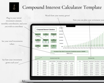 May include: A green and white compound interest calculator template on a laptop screen. The calculator includes fields for initial investment, monthly contribution, interest rate, and years. The template also includes a chart showing investment growth over time.