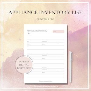 Appliance Inventory List, Appliance Warranty Tracker, Home Organization, Organizing Checklist, Inventory Log, Sheet, Template, Printable PDF