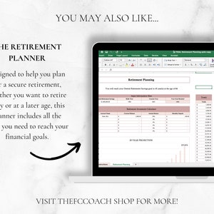 Pode incluir: Uma tela de laptop exibindo uma planilha digital de planejamento de aposentadoria com se&ccedil;&otilde;es rosa e brancas, intitulada Retirement Planning. O texto diz: YOU MAY ALSO LIKE... THE RETIREMENT PLANNER. Designed to help you plan for a secure retirement.