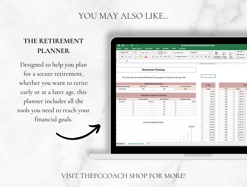 Pode incluir: Uma tela de laptop exibindo uma planilha digital de planejamento de aposentadoria com se&ccedil;&otilde;es rosa e brancas, intitulada Retirement Planning. O texto diz: YOU MAY ALSO LIKE... THE RETIREMENT PLANNER. Designed to help you plan for a secure retirement.