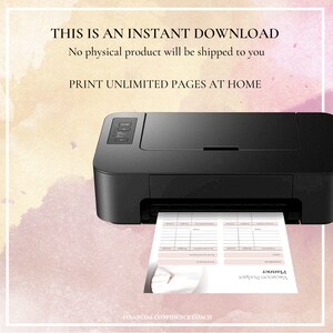 May include: A black printer outputting a document titled Vacation Budget Planner. The text reads: THIS IS AN INSTANT DOWNLOAD, No physical product will be shipped to you, PRINT UNLIMITED PAGES AT HOME, and FINANCIAL CONFIDENCE COACH.