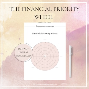 Puede incluir: Una hoja de cálculo PDF imprimible titulada "Rueda de prioridades financieras" con un fondo rosa. La hoja de cálculo presenta un gráfico circular con círculos concéntricos y un signo de dólar en el centro. El texto "Descarga digital instantánea" está en un círculo en el lado izquierdo de la página.