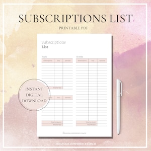 Puede incluir: Lista de suscripción PDF imprimible con secciones para suscripciones anuales y mensuales. La lista incluye columnas para el nombre de la suscripción, la fecha de vencimiento y el monto. También hay secciones para calcular los montos totales por año, trimestre y mes.