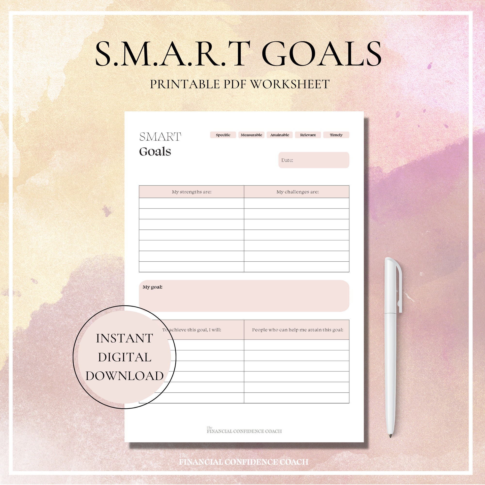 SMART Financial Goals, Money Goals, Financial Goal Worksheet, SMART Money Goals, Financial Goals Template, SMART Goals, Money Goals