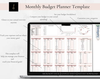 Monthly Budget Planner, Budget Planner Template, Annual Budget, Instant Download, Google Sheets, Microsoft Excel, Easy to Use