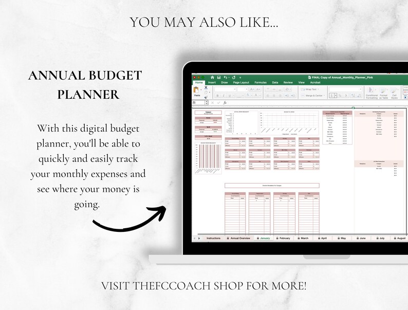 May include: A laptop screen displaying an annual budget planner spreadsheet with pink-toned data tables, charts, and monthly tabs. Text on the screen reads: YOU MAY ALSO LIKE, ANNUAL BUDGET PLANNER, and VISIT THEFCCOACH SHOP FOR MORE.