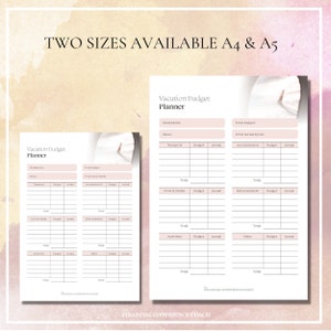 May include: A printable Vacation Budget Planner document available in A4 and A5 sizes. The layout features sections for destination, dates, total budget, and actual spent, with tables for transport, accommodation, food, drinks, entertainment, and activities.