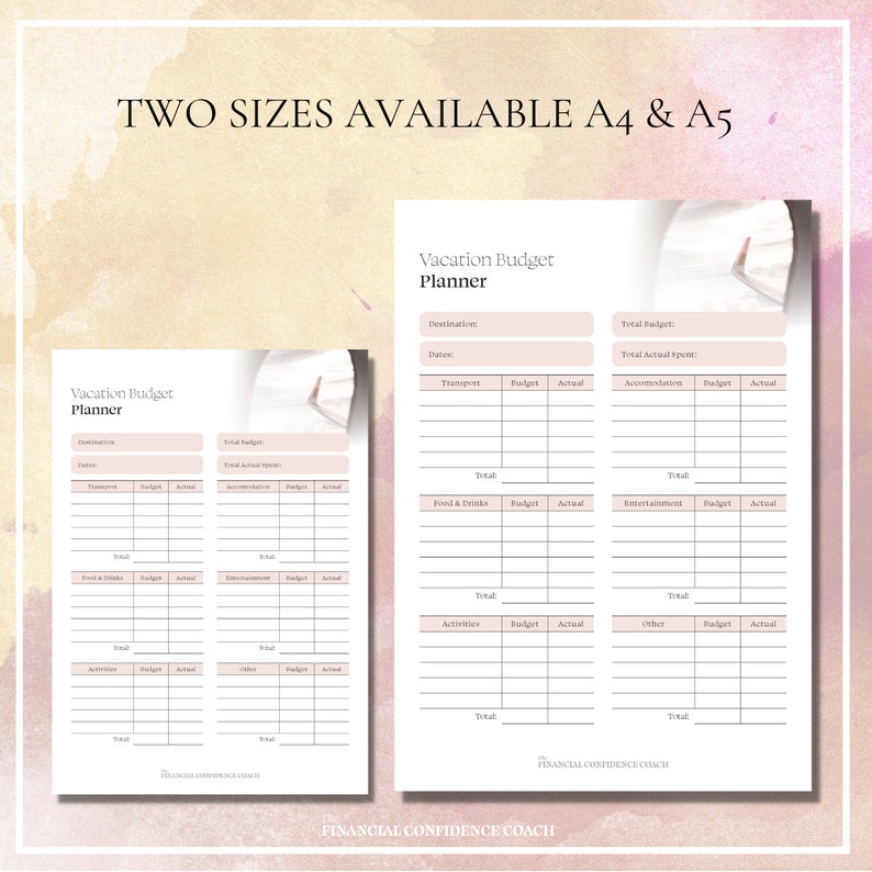 May include: A printable Vacation Budget Planner document available in A4 and A5 sizes. The layout features sections for destination, dates, total budget, and actual spent, with tables for transport, accommodation, food, drinks, entertainment, and activities.