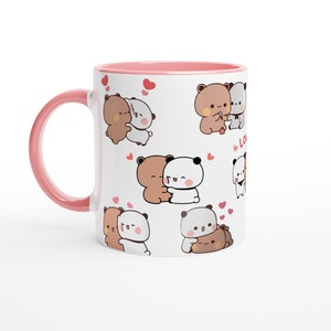 Bubu Dudu Mug, Panda And Brownie Bear Couple Gift Pink & white ceramic