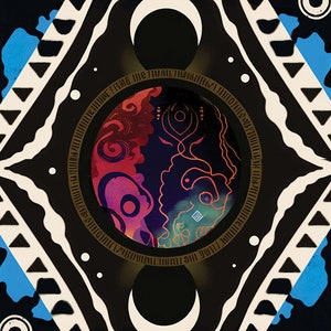 May include: Abstract illustration with a black background and white geometric shapes. A central circular design features two silhouetted faces and the text "TIME THE INITIATIVE". Accents of pink, blue, and gold add color to the design.