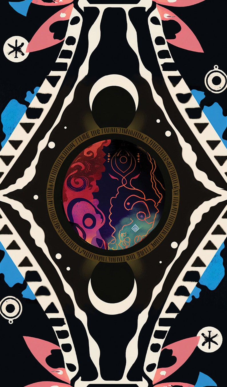 May include: Abstract illustration with a black background and white geometric shapes. A central circular design features two silhouetted faces and the text "TIME THE INITIATIVE". Accents of pink, blue, and gold add color to the design.