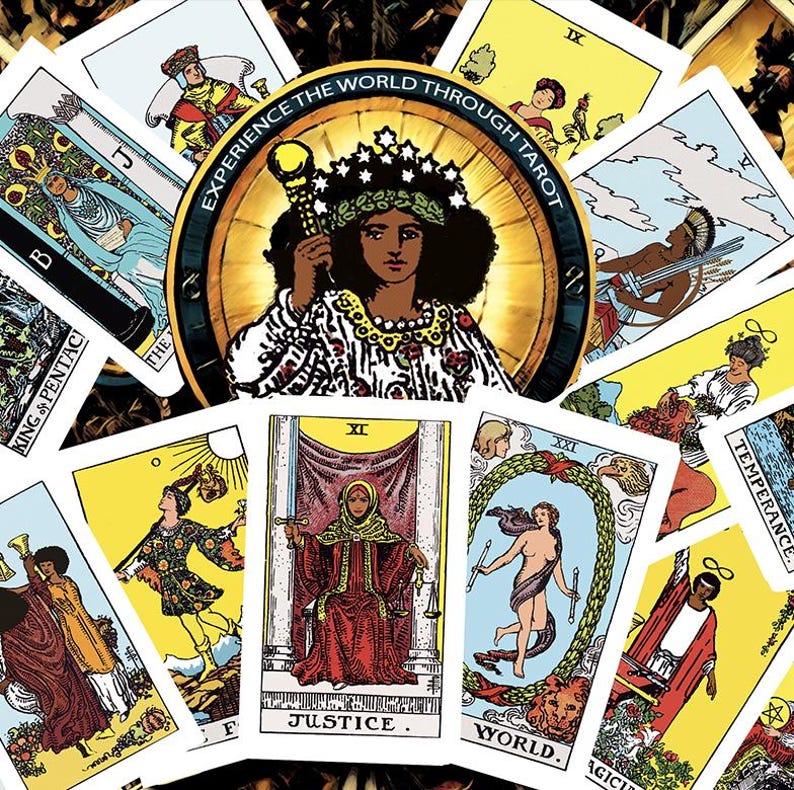 May include: A collection of tarot cards with colorful illustrations. The central card features a woman with a crown and scepter, surrounded by a golden wheel. Other cards display figures and symbols, with text including "JUSTICE" and "WORLD."