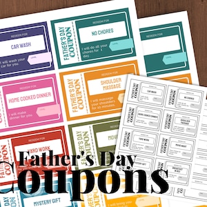 Coupons de fête des pères imprimables, cadeau pour papa, couleur ou noir et blanc, rempli ou vierge, numérique à imprimer, téléchargement immédiat
