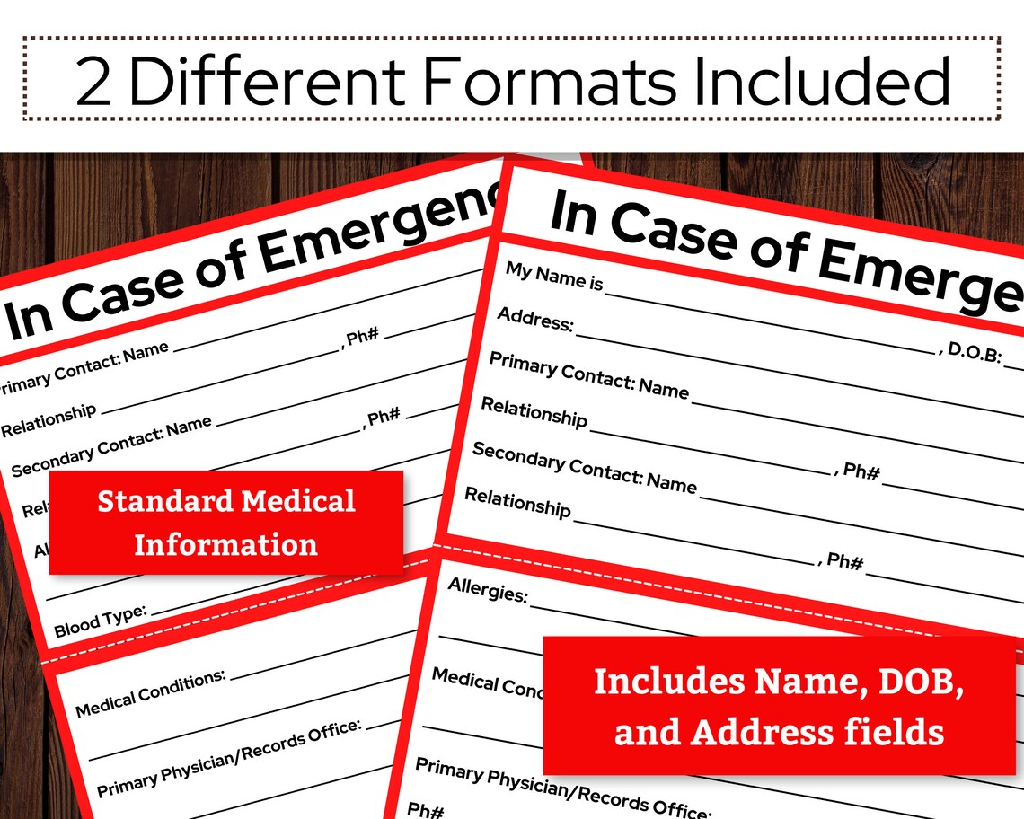 In Case of Emergency Card Printable ICE Card Printable - Etsy